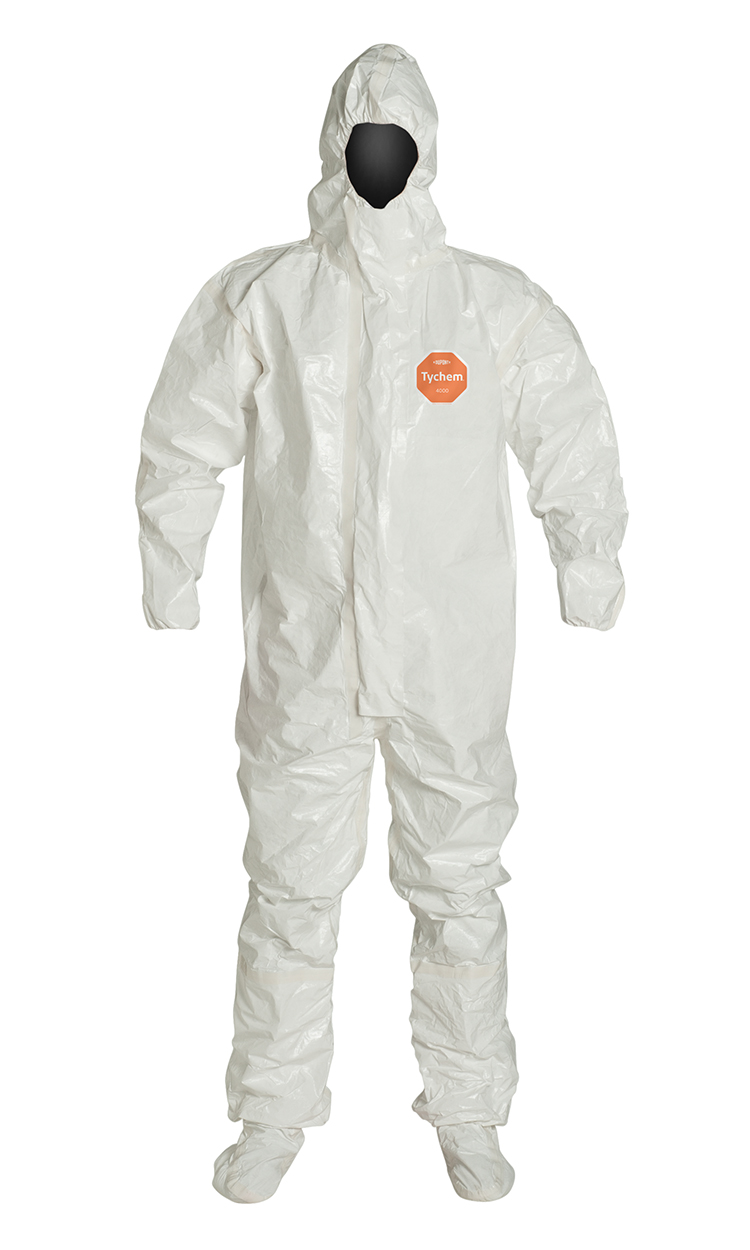 DuPont™ SL128T WH Tychem® 4000 White Chemical Protective Coveralls w/ Respirator Hood, Socks & Taped Seams